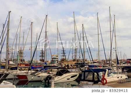 White yachts in the sea harbor of Kemer, Antalya province in Turkey. Kemer Marina on the Mediterranean sea 83929413