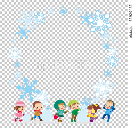 可愛的孩子們玩堆雪人的插圖雪花框架複製空間模板 83929485