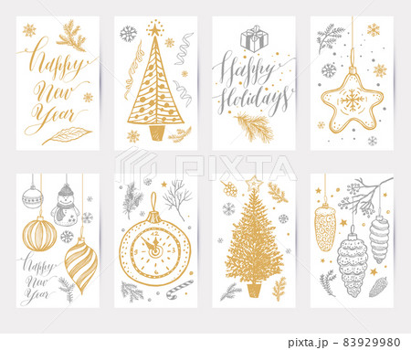 Merry Christmas cards set. Hand Drawn new year collections. Winter design doodle elements in gold and silver color. Merry Christmas cards set. Hand Drawn new year collections. Winter design doodle elements in gold and silver color. 83929980