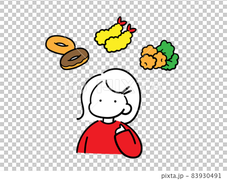 揚げ物を食べたい女の子のシンプルでおしゃれな線画イラスト 83930491