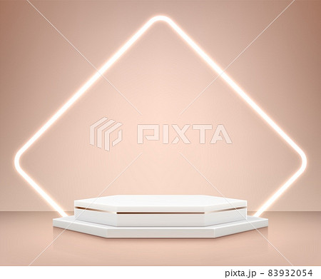 Realistic platform backdrop. Presentation background with empty geometric podium for product advertising. Minimal abstract exhibition stand with glowing frame. Vector 3D blank showcase Realistic platform backdrop. Presentation background with empty geometric podium for product advertising. Minimal abstract exhibition stand with glowing frame. Vector 3D blank showcase 83932054
