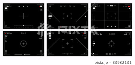 Camera viewfinder. Video record and photography shoot. DSLR screens. Digital camcorder interface. Focusing frame mockup with adjustment buttons. Vector film and photo blank windows set 83932131