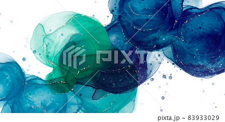 アルコールインクアート抽象背景 緑と紺の透明感のある丸に金色の装飾 白背景の横長バナー しぶき 液体のイラスト素材