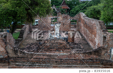 Ancient old buddha statue sculpture is damaged at the old temple in Ayuthaya. Ancient old buddha statue sculpture is damaged at the old temple in Ayuthaya. 83935016