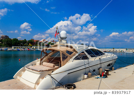 Modern luxury yacht in yacht port in Pomorie, Bulgaria Modern luxury yacht in yacht port in Pomorie, Bulgaria 83937917