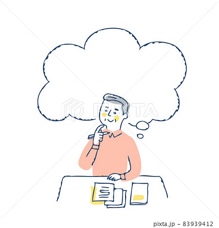 書類の前で考え事をしているシニア男性　フキダシ 83939412