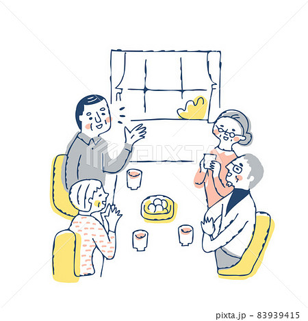 お茶を飲みながらおしゃべりをしている年配の男女 83939415