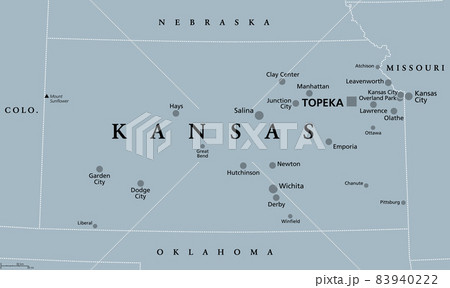 Kansas, KS, gray political map, with the capital Topeka and largest cities. State in the Midwestern United States of America, nicknamed The Sunflower State, or also The Wheat or The Jayhawker State. Kansas, KS, gray political map, with the capital Topeka and largest cities. State in the Midwestern United States of America, nicknamed The Sunflower State, or also The Wheat or The Jayhawker State. 83940222