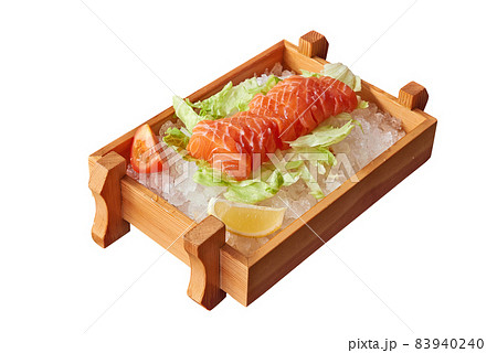 Overhead View on Salmon Sashimi on Wood Basket isolated 83940240