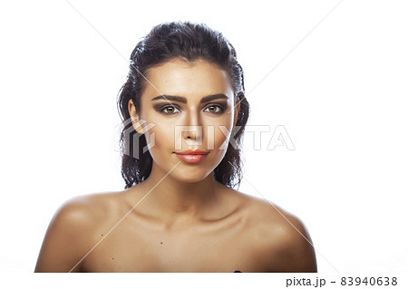 young pretty caucasian brunette woman posing cheerful on white background isolated, lifestyle people concept young pretty caucasian brunette woman posing cheerful on white background isolated, lifestyle people concept 83940638