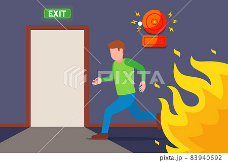 a man runs from the fire to the evacuation door. escape the fire. 83940692
