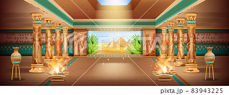 Egypt ancient temple background, pharaoh pyramid interior design, vector palace illustration, column 83943225