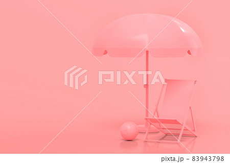 Beach chair with umbrella and beach ball on monochrome pink background. 3D render of summer vacation concept 83943798