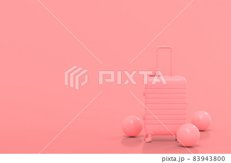 Suitcase with beach ball and flip flops on monochrome pink background. 3D render of summer vacation concept and holidays 83943800