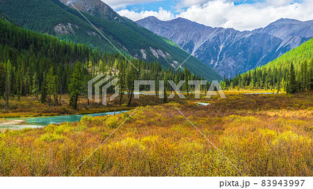 Swampy autumn plateau. Awesome highland scenery with beautiful glacial lake among sunlit hills and rocks against mountain range. 83943997