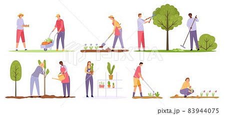 Flat people characters planting trees and flowers in garden. Ecology volunteers with shovels and rakes. Farm and gardening worker vector set 83944075