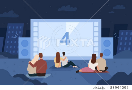People watching outdoor cinema on big screen at night. Dating couples in backyard movie theater. Flat open air cinema evening vector concept 83944095