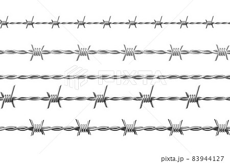Realistic metal barbed wire, seamless borders with spikes. Jail or army fence protection with barbs. Boundary defense barbwire vector set Realistic metal barbed wire, seamless borders with spikes. Jail or army fence protection with barbs. Boundary defense barbwire vector set 83944127