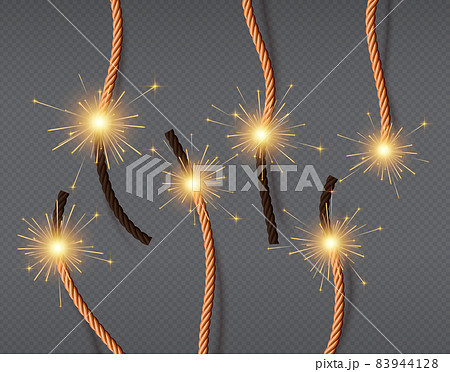 Realistic burning fire wicks, lighted dynamite fuses. Firecracker or fireworks twisted ropes with flames. Lit fuse cord of bombs, vector set Realistic burning fire wicks, lighted dynamite fuses. Firecracker or fireworks twisted ropes with flames. Lit fuse cord of bombs, vector set 83944128