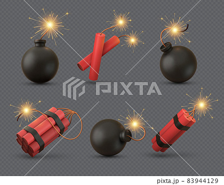 Realistic 3d bomb, tnt and dynamite sticks with burning fuse. Explosive military weapon or firecrackers with wick. Black bombs vector set Realistic 3d bomb, tnt and dynamite sticks with burning fuse. Explosive military weapon or firecrackers with wick. Black bombs vector set 83944129