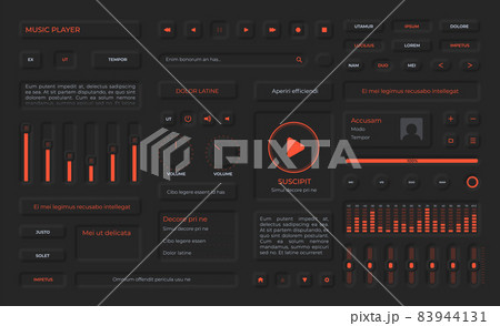 Neumorphism buttons, playlist menu, icons and volume sliders for music app. Audio player user interface elements in black design vector set 83944131