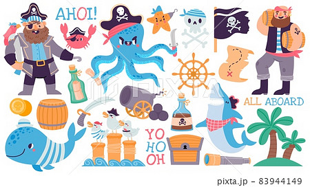 Cartoon pirate captain and sailor, skull, treasure chest and map. Adventure island, shark, octopus, flag and rum. Kids pirates vector set 83944149