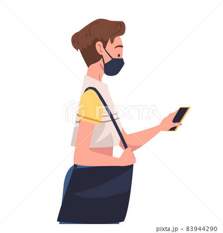 Woman Character in Mask Using Contactless Payment with Smartphone for Coronavirus Prevention Vector Illustration 83944290