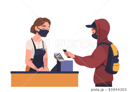 Man Character Using Contactless Payment with Smartphone for Coronavirus Prevention Vector Illustration 83944303