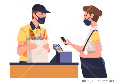 Woman Character Using Contactless Payment with Smartphone for Coronavirus Prevention Vector Illustration 83944304