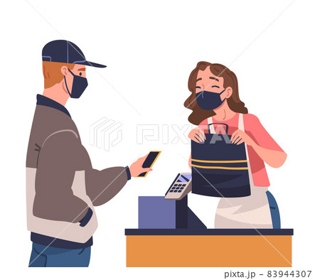 Man Character Using Contactless Payment with Smartphone for Coronavirus Prevention Vector Illustration 83944307