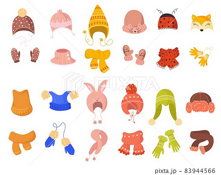 Cute winter hats. Funny color kids caps, scarves and mittens, knitted warm clothes with pompoms, tassels and ears on woolen warm headwear, christmas accessories vector isolated set 83944566