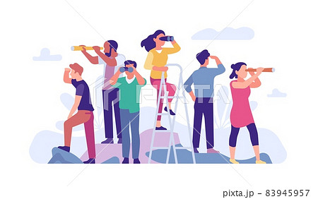 Goal search. People looks different directions through binoculars and spyglasses. Men and women peer into distance. Persons find opportunities in future. Forward vision. Vector concept Goal search. People looks different directions through binoculars and spyglasses. Men and women peer into distance. Persons find opportunities in future. Forward vision. Vector concept 83945957