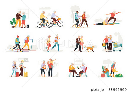 Elderly people activities. Active pensioners. Senior couples relax. Family dance and do sports. Old persons walk and travel. Grandparents healthy lifestyle. Vector leisure actions set 83945969