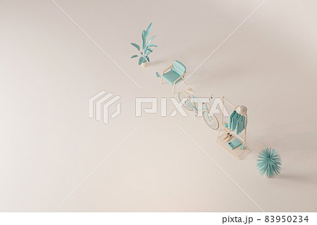 Creative composition. Interior of the room in pastel blue color with furnitures and room accessories. Light background with copy space. 3D render for web page, presentation, studio. Healthy lifestyle	 83950234