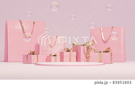 Minimal shopping advertising concept with shopping bags and gifts on pastel pink and coral background. Concept of holiday poster, banner, cover card, brochure, studio, mockup. 3d rendering	 83951603