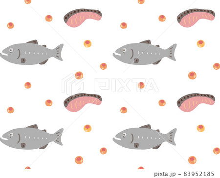 パターン素材 かわいいシャケ柄 イクラと切り身付き のイラスト素材