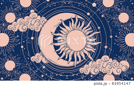 Mythic universe, sun and moon in boho design, blue background for astrology, tarot. Heavenly art for the zodiac, horoscope, predicting the future. Esoteric vector illustration Mythic universe, sun and moon in boho design, blue background for astrology, tarot. Heavenly art for the zodiac, horoscope, predicting the future. Esoteric vector illustration 83954147