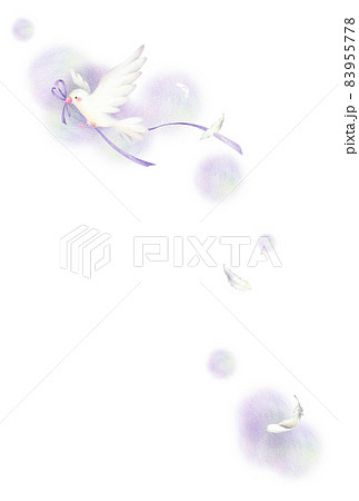 紫のリボンをくわえた白い鳥 はがきテンプレート 手描き色鉛筆画のイラスト素材