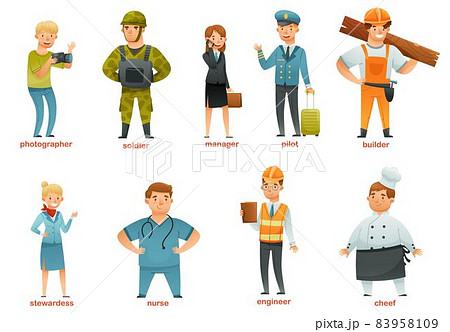 People of various professions set. Soldier, stewardess, businesswoman, captain, photographer, pilot, carpenter, engineer, chef characters cartoon vector illustration People of various professions set. Soldier, stewardess, businesswoman, captain, photographer, pilot, carpenter, engineer, chef characters cartoon vector illustration 83958109