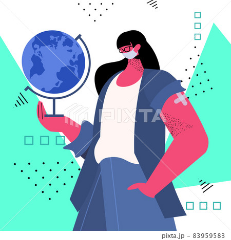 vaccinated female teacher with globe after vaccine injection successful covid-19 vaccination concept vaccinated female teacher with globe after vaccine injection successful covid-19 vaccination concept 83959583