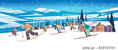 people skiing men women tourists doing activities winter vacation concept snowfall landscape background 83959734
