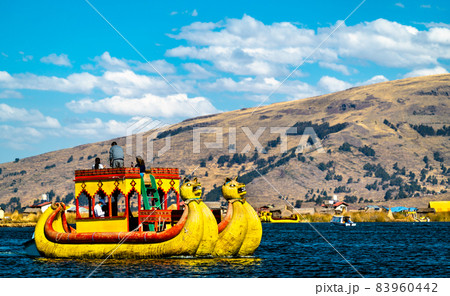 Reed boat on Lake Titicaca in Peru Reed boat on Lake Titicaca in Peru 83960442