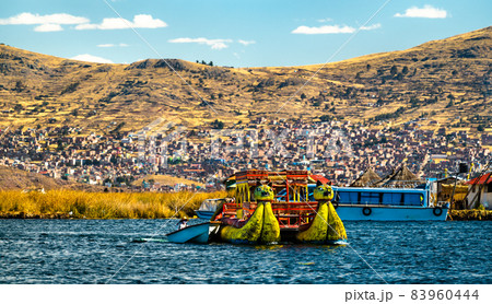 Reed boat on Lake Titicaca in Peru 83960444
