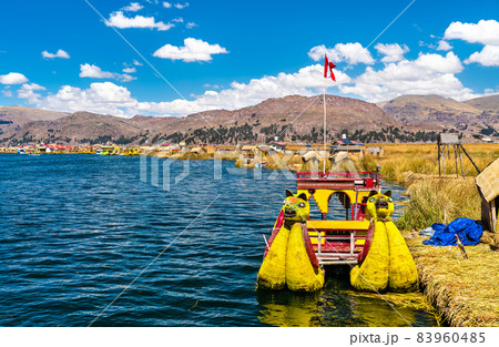 Reed boat on Lake Titicaca in Peru Reed boat on Lake Titicaca in Peru 83960485