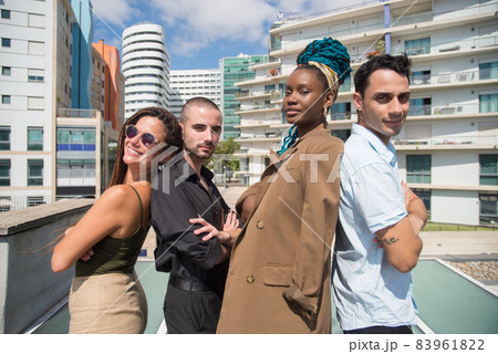 Group photo of happy colleagues at terrace roof party 83961822