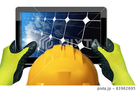 Manual Worker Holding a Digital Tablet Computer with a Solar Panel 83962695