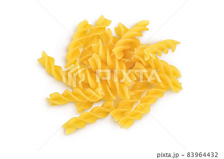 raw Fusilli pasta, isolated on white background with clipping path and full depth of field. Top view. Flat lay raw Fusilli pasta, isolated on white background with clipping path and full depth of field. Top view. Flat lay 83964432