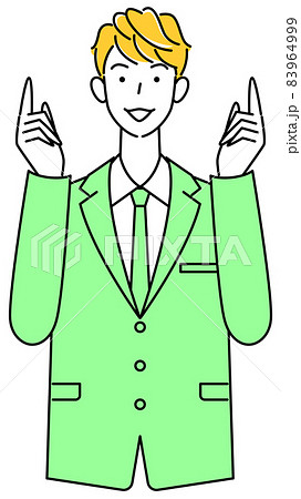 指を指しているポーズをしているスーツ姿の可愛いい男性 イラスト ベクターのイラスト素材