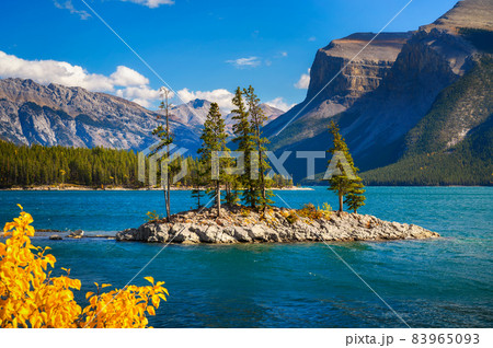 Small island with trees on Lake Minnewanka in Banff National Park, Canada Small island with trees on Lake Minnewanka in Banff National Park, Canada 83965093
