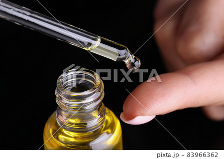 Person dripping drop of extract oil on finger with eyedropper Person dripping drop of extract oil on finger with eyedropper 83966362